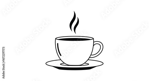 A steaming cup of coffee on a saucer in a simple line drawing style