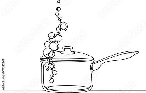 Cooking pot boiling steam kitchen food heat water saucepan single line art