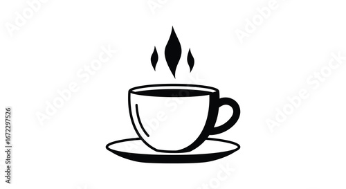 A simple black and white illustration of a steaming hot cup of coffee