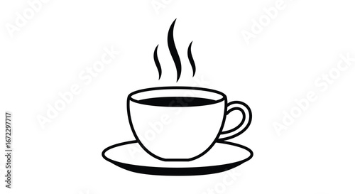 A simple black and white illustration of a steaming cup of coffee