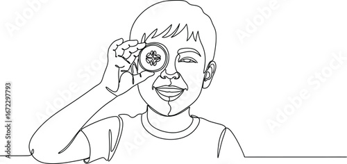 Boy cucumber eye face line art drawing health food child vegetable skin care