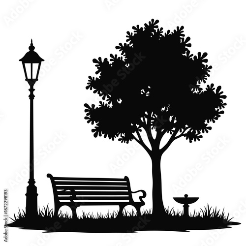 Black silhouette of park scene with bench and lamp post