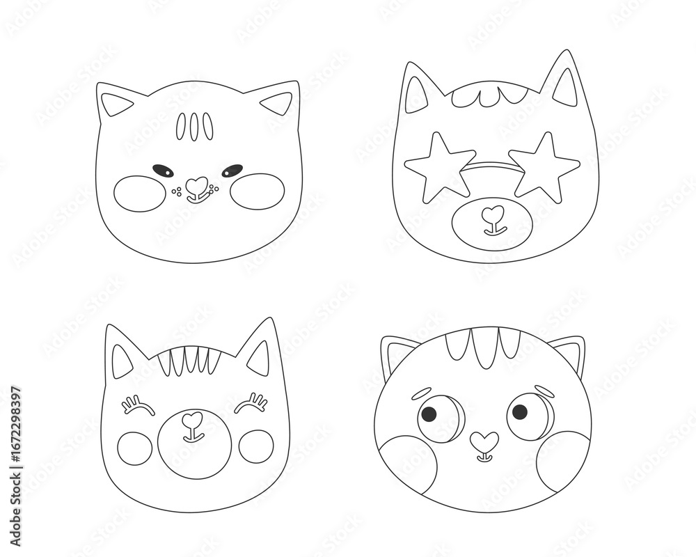 Fototapeta premium Cute cat faces outline collection – four cartoon designs with unique expressions, perfect for stationery, kids’ art, coloring pages, or animal-themed decorations.
