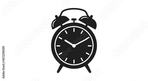 A black and white illustration of an old fashioned alarm clock