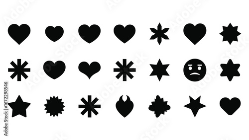 Collection of Black Silhouettes of Hearts, Stars, and a Sad Emoji on White Background
