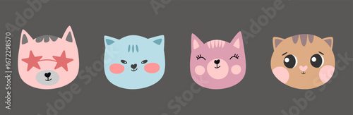 Cartoon pastel cat face set – charming illustrations in soft colors on black background, great for nursery artwork, children’s stationery, and animal-themed crafts.