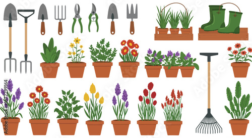 Gardening tools and potted plants on a white background for decoration