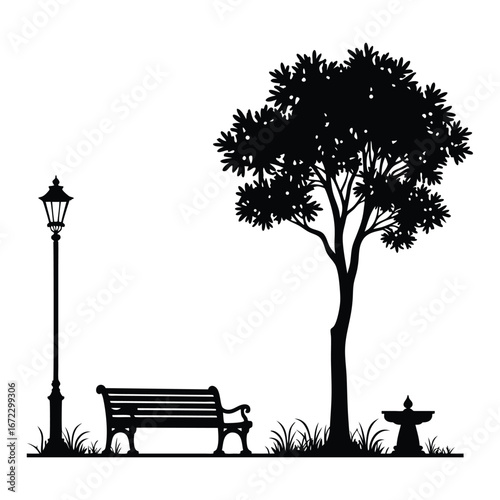 Black silhouette of park scene with bench lamp and tree 1