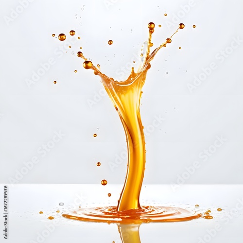 Golden liquid splashes upwards forming unique abstract shape on reflective white surface in a studio shot.
