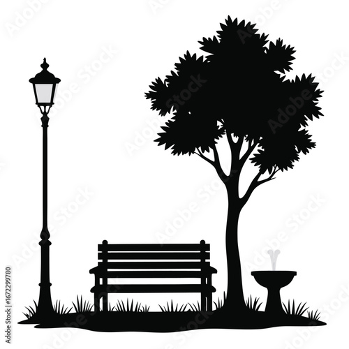 Black silhouette of park scene with bench lamp tree and fountain