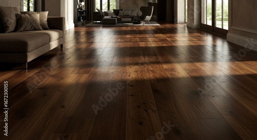 Rich dark hardwood flooring in a luxurious living room, sunlight streaming through large windows.