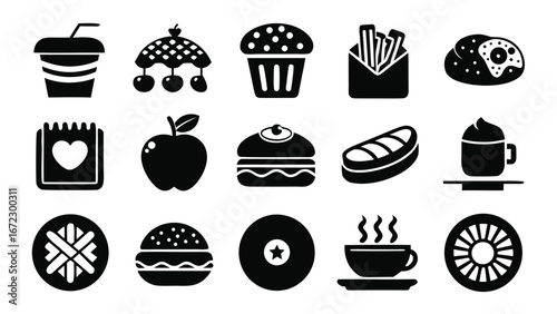 Assorted food and drink icons with decorative elements black and white beverage