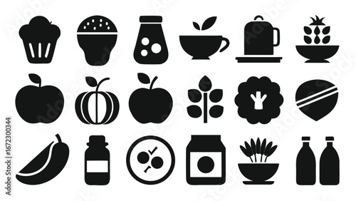 Assorted food and drink icons with fruits and vegetables apple