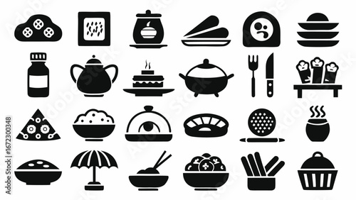 Assorted food and drink items presented in a stylized graphic icons graphics