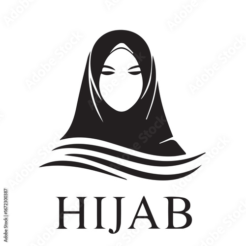 Minimalist black silhouette of a Muslim woman wearing a hijab headscarf. An elegant vector icon representing Islamic fashion and modesty