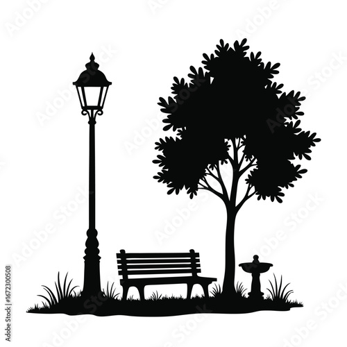 Black silhouette of park scene with lamp bench and tree