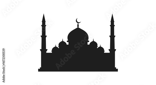 A black silhouette of a mosque with minarets and a dome