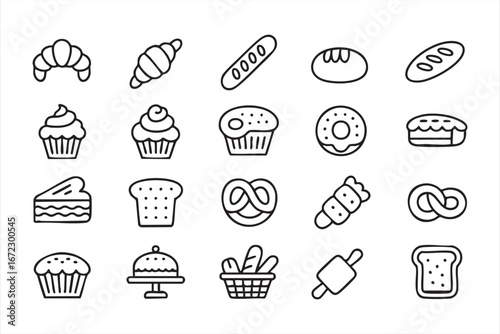 Baked Goods Outline Icons with Bread Donut Croissant and Sweet Pastry Vectors