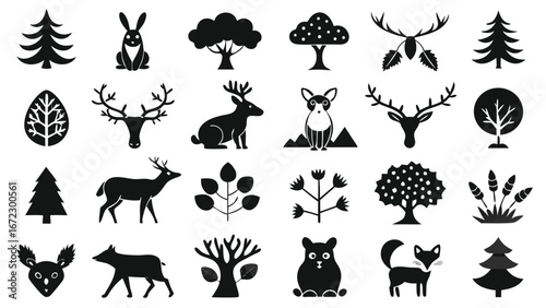 Black forest animals and trees silhouette collection nature