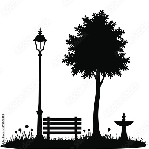 Black silhouette of park scene with lamp bench tree and fountain