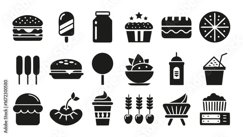 Black icons of various food and drink items white