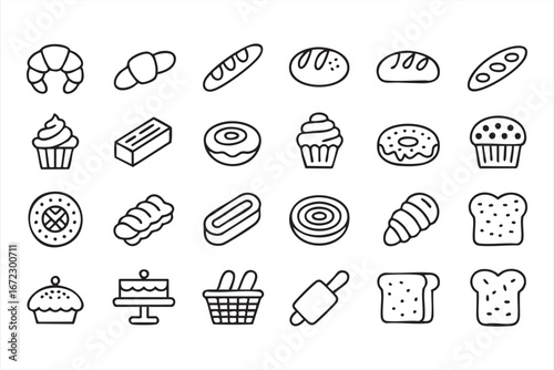 Bakery Food Icons Set with Pastries Bread and Sweet Dessert Vector Illustrations