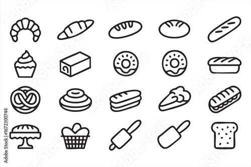 Dessert and Pastry Outline Icon Collection with Cake Cupcake and Baked Food