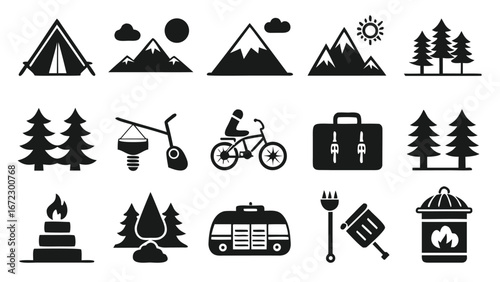 Camping icons tent mountains trees bicycle suitcase campfire water trees camper grill