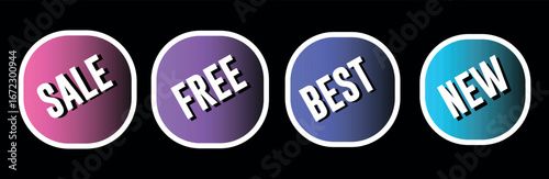 Eye-Catching Gradient Circle Frame Set Featuring Inscription Labels SALE, FREE, BEST, and NEW for Promotional Design in Black canvas