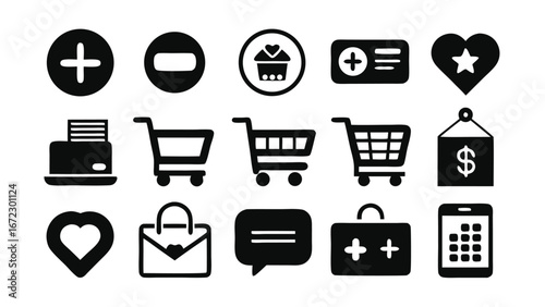 Collection of black and white shopping and communication icons shopping cart plus