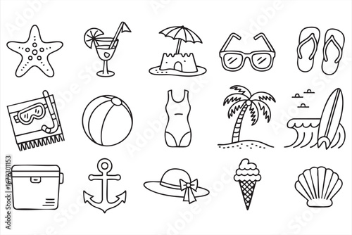 Summer and Beach Vacation Vector Icons with Palm Tree Sunglasses and Flip Flops