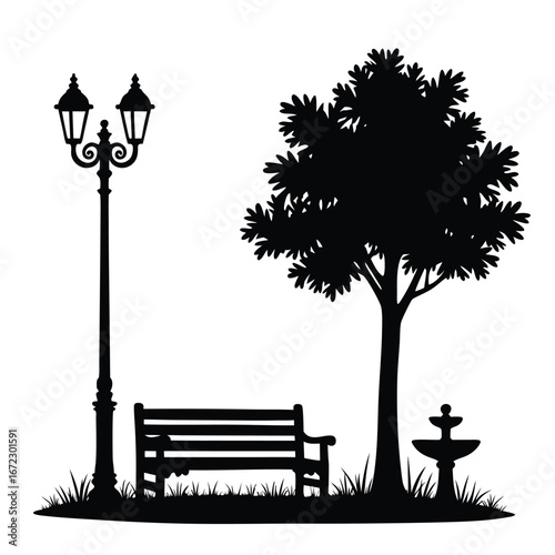 Black silhouette of park scene with lamppost bench tree and fountain