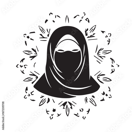 Black and white illustration of a Muslim woman in a niqab and hijab, surrounded by an ornamental mandala design representing faith and cultural identity
