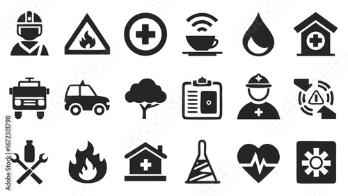 Collection of safety and medical icons fire warning