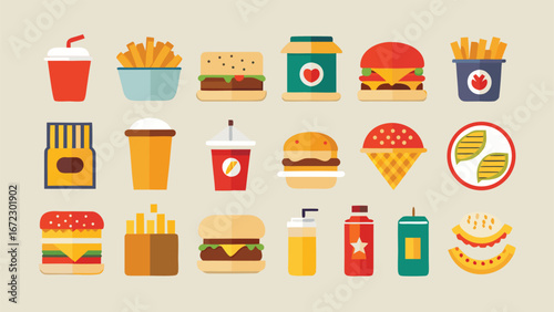 Colorful fast food items including burgers fries drinks and ice cream hamburger french fries