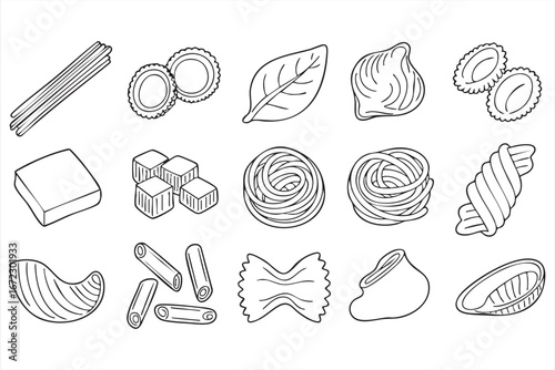 Italian Pasta Outline Vector Icon Set with Spaghetti Penne Ravioli and Fusilli