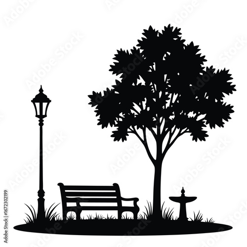 Black silhouette of park scene with tree bench lamp and fountain 3