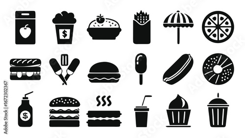 Fast food icons including burgers sandwiches drinks and desserts fries