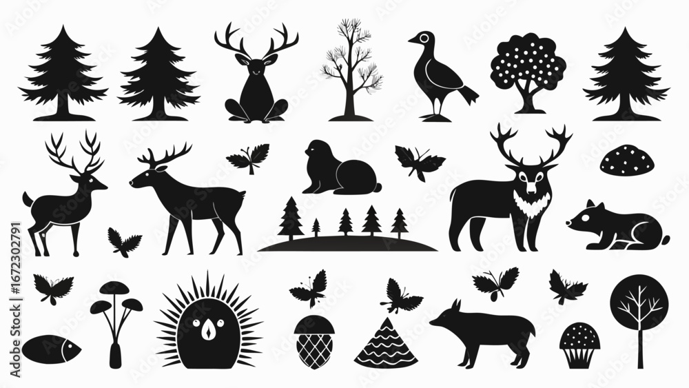 Fototapeta premium Forest animals trees plants and nature elements deer bear