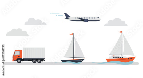 Transportation modes including truck ship and airplane in the sky