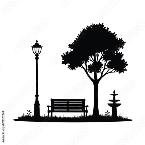 Black silhouette park scene with bench tree lamp and fountain