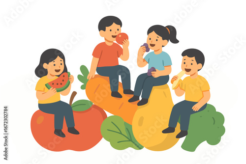 Children Eating Healthy Fruits and Vegetables – Nutrition and Wellness Illustration