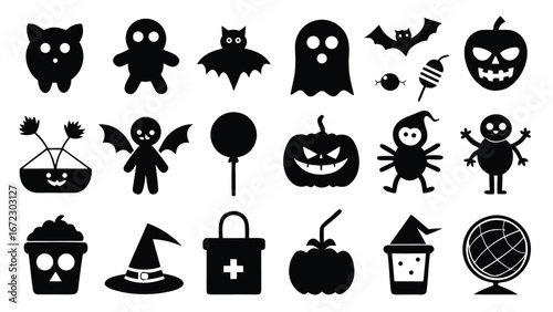 Halloween icons spooky creatures and festive objects ghost pumpkin
