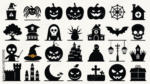 Halloween icons spooky creatures haunted houses and symbols scary pumpkin