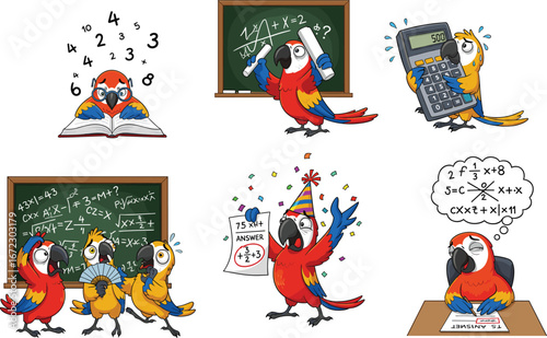 Funny cartoon parrots solving math, using calculators, reading books, celebrating answers, feeling confused, math equations, learning, studying, classroom humor