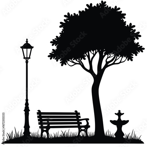 Black silhouette park scene with lamppost bench tree and fountain