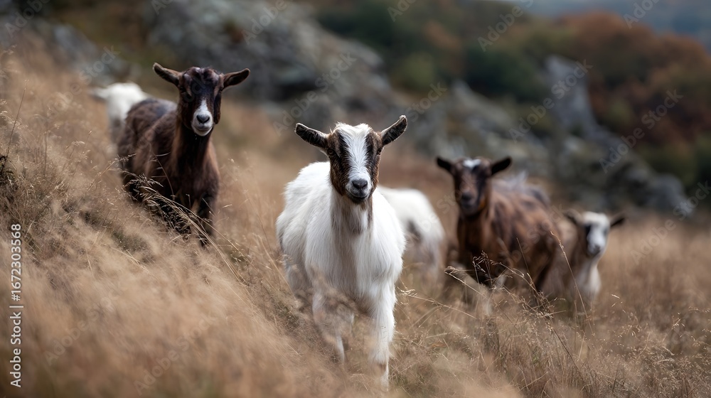 Fototapeta premium Goats wandering freely on a hillside in a countryside farm setting