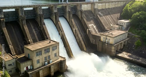 Water Flowing Through Dam with Lush Green Background