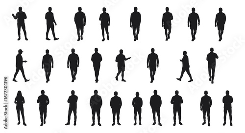 Collection of various black silhouettes of men in different poses and walking styles