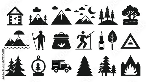 Mountain cabin trees camper fire leaf bottle sign person hiking vector